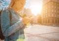 Girl lake summer. Happy young girl with phone smile, typing texting and taking selfie in summer sunshine urban city. Pretty female Royalty Free Stock Photo