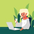 Online study and Girl with laptop on green backdrop for social banner.