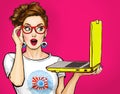 Girl with laptop in the hand in comic style. Woman with notebook.Girl in glasses. Hipster girl. Digital advertisement. Royalty Free Stock Photo