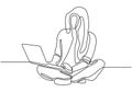 Girl with laptop one continuous line drawing. Sitting woman surfing internet web, online shopping, or working