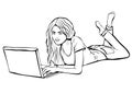 Girl with laptop, outline drawing, coloring, sketch, contour linear figure, vector black and white illustration. Woman lies on the