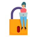 Girl laptop privacy icon, cartoon style