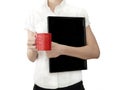 Girl with laptop and red coffee cup in hands Royalty Free Stock Photo