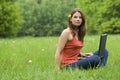 Girl with laptop relaxing on the grass Royalty Free Stock Photo