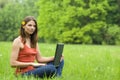 Girl with laptop relaxing on the grass, 'free comm Royalty Free Stock Photo