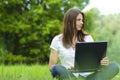 Girl with laptop relaxing on the grass, 'free comm Royalty Free Stock Photo