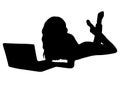 Girl with laptop silhouette, outline drawing, icon, contour linear figure, vector black and white illustration. Woman lies on the Royalty Free Stock Photo