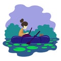 the girl in the boat. remote work. flat vector illustration