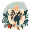 Girl with laptop sitting on the armchair. Cozy home. Freelance or studying concept. Flat illustration