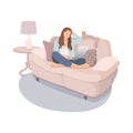 Girl with laptop sitting on the sofa. Freelance or studying concept. Cute illustration in flat style.