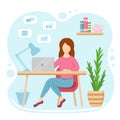 Girl with laptop work at home. Freelancer, home office concept