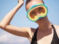 girl laughing on the beach after snorkeling in mask Royalty Free Stock Photo