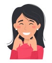 The girl laughs jokingly, putting on a smile with her hands. Vector illustration in flat style.