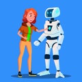 Girl Launching Control Panel Of Smart Home Robot Helper Vector. Isolated Illustration