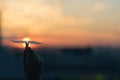 A girl is launching a paper airplane from a window at sunset. Royalty Free Stock Photo