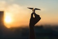 A girl is launching a paper airplane from a window at sunset. Support of the Telegram application and freedom internet. Royalty Free Stock Photo