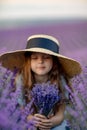 Girl lavender field in a blue dress with flowing hair in a hat stands in a lilac lavender field Royalty Free Stock Photo