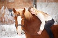 Girl laying on horse neck. Friendship background Royalty Free Stock Photo