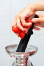 The girl lays down tomatoes in a juicer