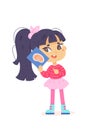 Girl learning sight sensory sense, holding card with human nose in hand, studying scent sense
