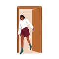 Girl leaving home room, closing door. Young black woman going out, exiting outside. Female character escaping from house Royalty Free Stock Photo