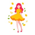 Girl with lemons vector flat illustration. Girl in a yellow dress, red hair. Colorful flat illustration. Lemon girl