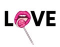 A girl licks a candy on a stick. Women`s lips, tongue and sweet. Vector illustration. Love.