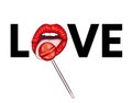 A girl licks a candy on a stick. Women`s lips, tongue and sweet. Vector illustration. Love.