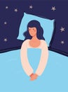 The girl lies in bed and cannot sleep. Concept illustration about insomnia, psychological health. Flat vector illustration, woman