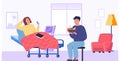 Girl lies in bed in hospital. Guy gives woman fruit for immunity in medical room vector illustration