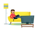 The girl lies with cats on a cozy sofa and watches TV. Vector illustration.