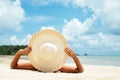 Girl lies on the white sand on the beach Royalty Free Stock Photo