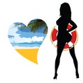 Girl with life saver silhouette and heart beach