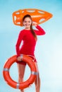 Girl lifeguard with rescue equipment Royalty Free Stock Photo