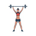 Girl lifts barbell, black icon. Fitness woman doing exercises with heavy discs. Royalty Free Stock Photo