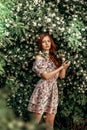 A girl in a light summer dress stands near a bird cherry bush on a hot summer day. Royalty Free Stock Photo