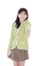 Girl in lime green sweater extending hand in greeting