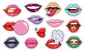 Girl lips patch stickers. Fashion cool makeup lip patches, cute woman makeup icon, colorful sensual and provocative