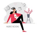 Girl listening audio book in headphones on a smartphone. Online e-learning library music e-learning language skills