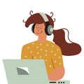 Girl listening to music on laptop and person cartoon woman illustration with headphone. Young female character with computer and