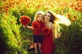 Girl and little boy or child in field of poppy Royalty Free Stock Photo