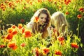 Girl and little boy or child in field of poppy Royalty Free Stock Photo