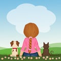 Girl with little dog and kitten sitting on the grass Royalty Free Stock Photo