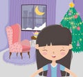 Girl living room tree sofa window snow moon celebration merry christmas