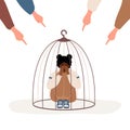 Girl locked in cage. Fingers pointing on sad african woman. Depressed teenager hugging knees and crying. School bullying