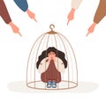 Girl locked in cage. Fingers pointing on sad woman. Depressed teenager hugging knees and crying. School bullying