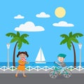 Girl with Lollipop. Boy on Bicycle. Kids on Vacation