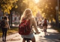 A girl with long beautiful hair rides a bike on a path park. Generated by AI