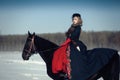 A girl in a long black dress with a dark horse Royalty Free Stock Photo