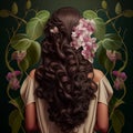 Girl with long brown curly hair decorated with orchid flowers, beautiful illustration for hairdressing services advertising, Royalty Free Stock Photo